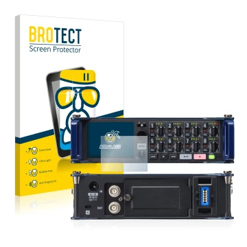 Face avant d’un emballage produit avec le logo de la marque BROTECT. À côté, l’appareil Zoom F8 field recorder est représenté 