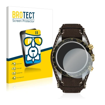 Face avant d’un emballage produit avec le logo de la marque BROTECT. À côté, l’appareil Tudor Black Bay Chrono 41mm est représ