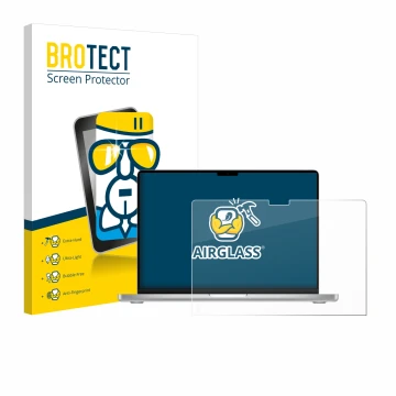 Face avant d’un emballage produit avec le logo de la marque BROTECT. À côté, l’appareil Apple MacBook Pro 14