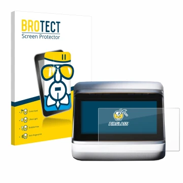 Face avant d’un emballage produit avec le logo de la marque BROTECT. À côté, l’appareil Tesla Model X Plaid 2023 (Affichage ar