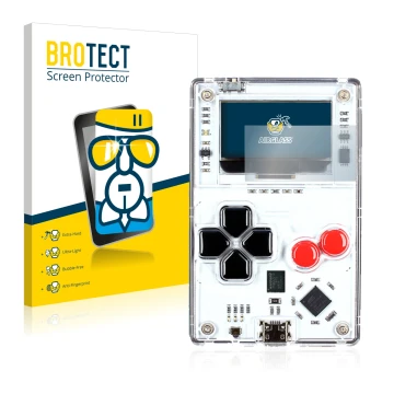 Face avant d’un emballage produit avec le logo de la marque BROTECT. À côté, l’appareil Arduboy FX est représenté avec la prot