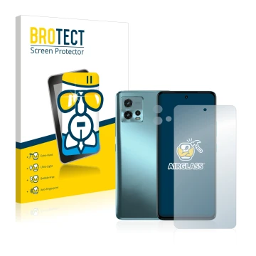 Face avant d’un emballage produit avec le logo de la marque BROTECT. À côté, l’appareil Motorola Moto G72 (Avant+Caméra) est r