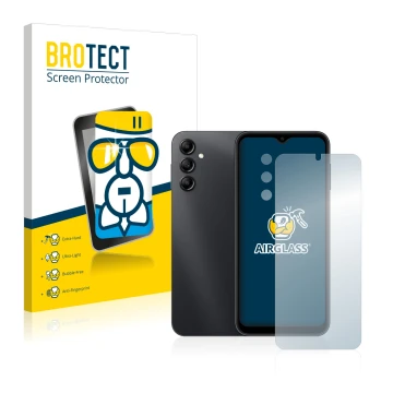 Face avant d’un emballage produit avec le logo de la marque BROTECT. À côté, l’appareil Samsung Galaxy A14 5G (Avant+Caméra) e