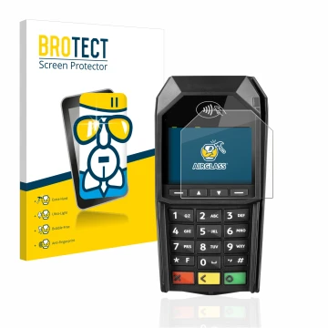 Face avant d’un emballage produit avec le logo de la marque BROTECT. À côté, l’appareil ingenico Desk/1600 est représenté avec