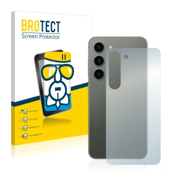 Face avant d’un emballage produit avec le logo de la marque BROTECT. À côté, l’appareil Samsung Galaxy S23 Plus (Arrière) est 