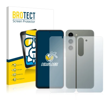Face avant d’un emballage produit avec le logo de la marque BROTECT. À côté, l’appareil Samsung Galaxy S23 Plus (Avant+Arrière
