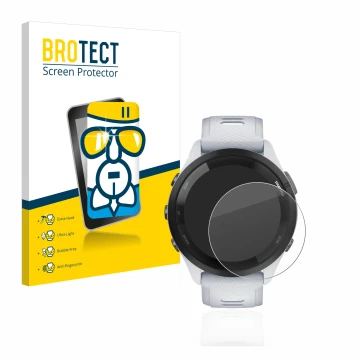 Face avant d’un emballage produit avec le logo de la marque BROTECT. À côté, l’appareil Garmin Forerunner 265 (46 mm) est repr