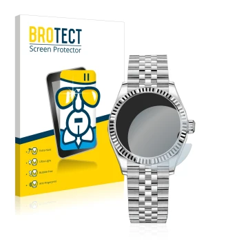 Face avant d’un emballage produit avec le logo de la marque BROTECT. À côté, l’appareil Rolex Datejust 31 est représenté avec 