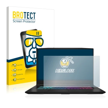 Face avant d’un emballage produit avec le logo de la marque BROTECT. À côté, l’appareil MSI Katana 17 B13V est représenté avec