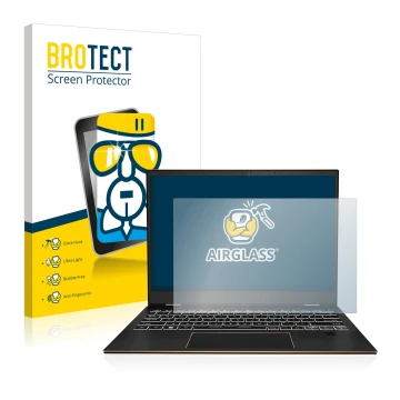 Face avant d’un emballage produit avec le logo de la marque BROTECT. À côté, l’appareil MSI Summit E13 Flip Evo est représenté