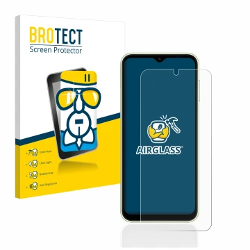 Face avant d’un emballage produit avec le logo de la marque BROTECT. À côté, l’appareil Samsung Galaxy A14 4G est représenté a