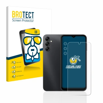 Face avant d’un emballage produit avec le logo de la marque BROTECT. À côté, l’appareil Samsung Galaxy A14 4G (Avant+Caméra) e