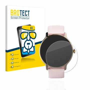 Face avant d’un emballage produit avec le logo de la marque BROTECT. À côté, l’appareil Hama Fit Watch 4910 est représenté ave