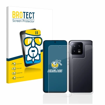 Face avant d’un emballage produit avec le logo de la marque BROTECT. À côté, l’appareil Xiaomi 13 (Avant+Arrière) est représen