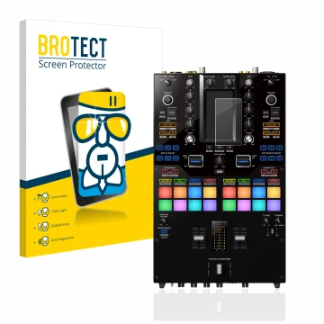 Face avant d’un emballage produit avec le logo de la marque BROTECT. À côté, l’appareil Pioneer DJM-S11 est représenté avec la