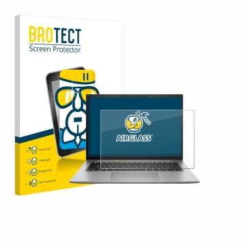 Face avant d’un emballage produit avec le logo de la marque BROTECT. À côté, l’appareil HP Zbook Firefly 14 G9 est représenté 