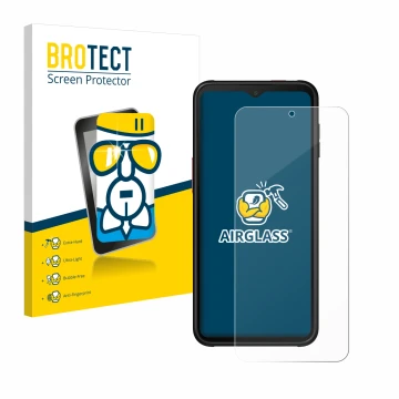 Face avant d’un emballage produit avec le logo de la marque BROTECT. À côté, l’appareil Samsung Galaxy XCover 6 Pro Enterprise