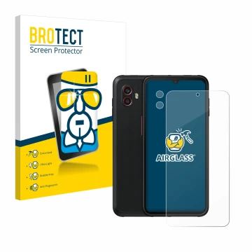 Face avant d’un emballage produit avec le logo de la marque BROTECT. À côté, l’appareil Samsung Galaxy XCover 6 Pro Enterprise