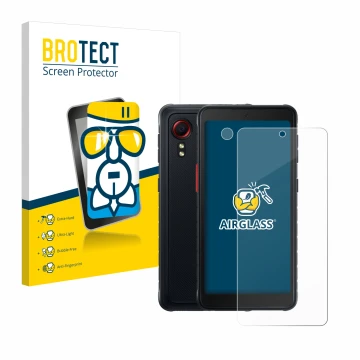 Face avant d’un emballage produit avec le logo de la marque BROTECT. À côté, l’appareil Samsung Galaxy XCover 5 Enterprise Edi