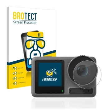 Face avant d’un emballage produit avec le logo de la marque BROTECT. À côté, l’appareil DJI Osmo Action 3 (Lentille) est repré