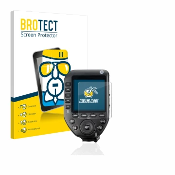 Face avant d’un emballage produit avec le logo de la marque BROTECT. À côté, l’appareil Godox XPro II est représenté avec la p