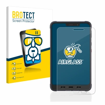 Face avant d’un emballage produit avec le logo de la marque BROTECT. À côté, l’appareil Samsung Galaxy Tab Active 3 Enterprise