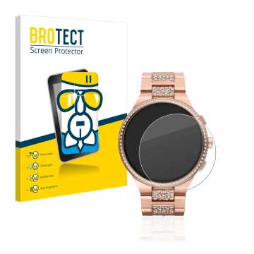 Face avant d’un emballage produit avec le logo de la marque BROTECT. À côté, l’appareil Michael Kors Camille Gen 6 MKT5147 est