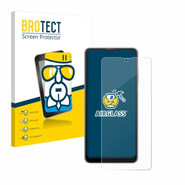 Face avant d’un emballage produit avec le logo de la marque BROTECT. À côté, l’appareil Blackview A53 est représenté avec la p