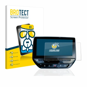 Face avant d’un emballage produit avec le logo de la marque BROTECT. À côté, l’appareil Volkswagen ID.5 Discover Pro 12