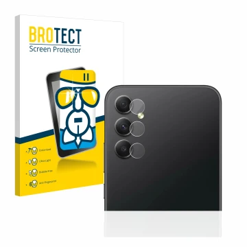 Face avant d’un emballage produit avec le logo de la marque BROTECT. À côté, l’appareil Samsung Galaxy A34 5G (Caméra UNIQUEME