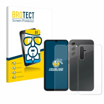 Face avant d’un emballage produit avec le logo de la marque BROTECT. À côté, l’appareil Samsung Galaxy A34 5G (Avant+Arrière) 