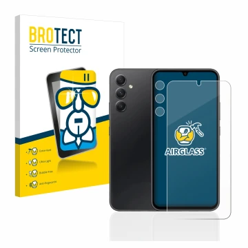 Face avant d’un emballage produit avec le logo de la marque BROTECT. À côté, l’appareil Samsung Galaxy A34 5G (Avant+Caméra) e