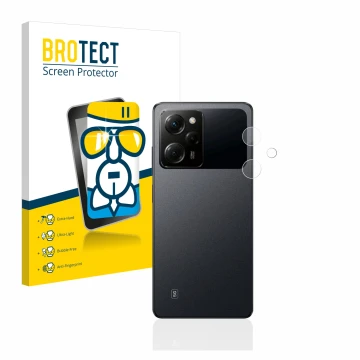 Face avant d’un emballage produit avec le logo de la marque BROTECT. À côté, l’appareil Xiaomi Poco X5 Pro (Caméra UNIQUEMENT)