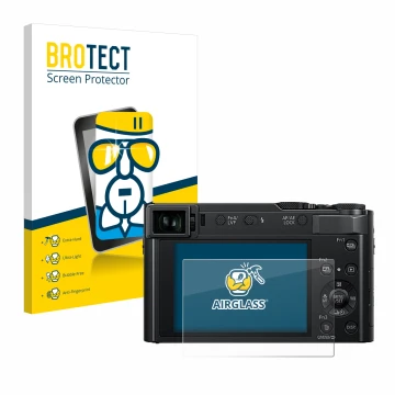 Face avant d’un emballage produit avec le logo de la marque BROTECT. À côté, l’appareil Panasonic Lumix DC-TZ202D est représen