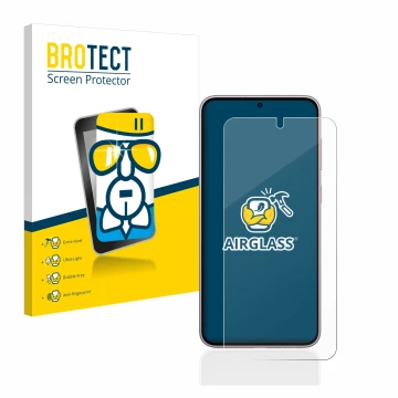 Face avant d’un emballage produit avec le logo de la marque BROTECT. À côté, l’appareil Samsung Galaxy S23 Enterprise Edition 