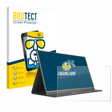 Face avant d’un emballage produit avec le logo de la marque BROTECT. À côté, l’appareil Arzopa ‎S1 Table 15.6