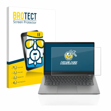 Face avant d’un emballage produit avec le logo de la marque BROTECT. À côté, l’appareil Lenovo ThinkBook 14 Gen 4 est représen