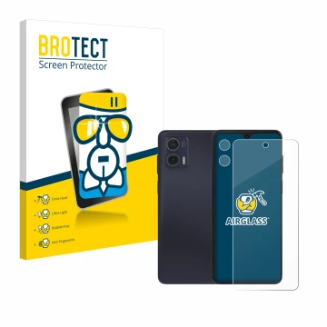 Face avant d’un emballage produit avec le logo de la marque BROTECT. À côté, l’appareil Motorola Moto G73 5G (Avant+Caméra) es