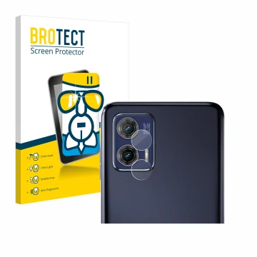 Face avant d’un emballage produit avec le logo de la marque BROTECT. À côté, l’appareil Motorola Moto G73 5G (Caméra UNIQUEMEN