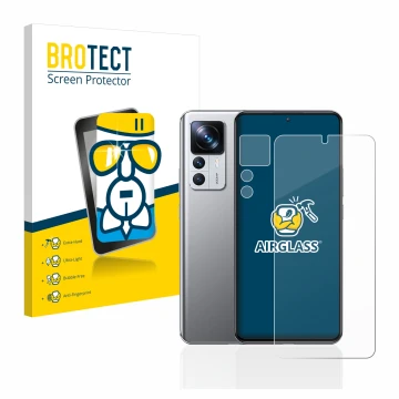 Face avant d’un emballage produit avec le logo de la marque BROTECT. À côté, l’appareil Xiaomi 12T Pro (Avant+Caméra) est repr