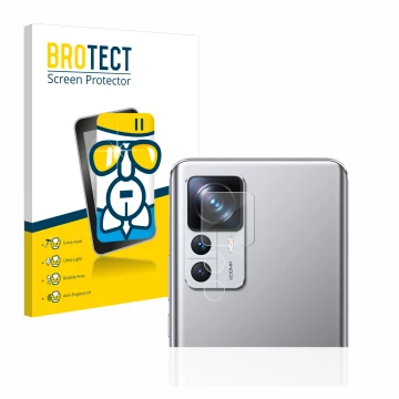 Face avant d’un emballage produit avec le logo de la marque BROTECT. À côté, l’appareil Xiaomi 12T Pro (Caméra UNIQUEMENT) est