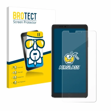 Face avant d’un emballage produit avec le logo de la marque BROTECT. À côté, l’appareil Hisense A9 est représenté avec la prot