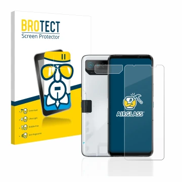 Face avant d’un emballage produit avec le logo de la marque BROTECT. À côté, l’appareil ASUS ROG Phone 7 (Avant+Caméra) est re