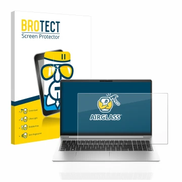 Face avant d’un emballage produit avec le logo de la marque BROTECT. À côté, l’appareil HP ProBook 450 G10 est représenté avec