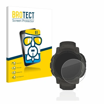 Face avant d’un emballage produit avec le logo de la marque BROTECT. À côté, l’appareil Garmin Instinct 2 Solar est représenté