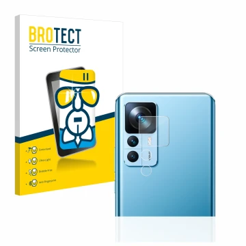 Face avant d’un emballage produit avec le logo de la marque BROTECT. À côté, l’appareil Xiaomi 12T (Caméra UNIQUEMENT) est rep