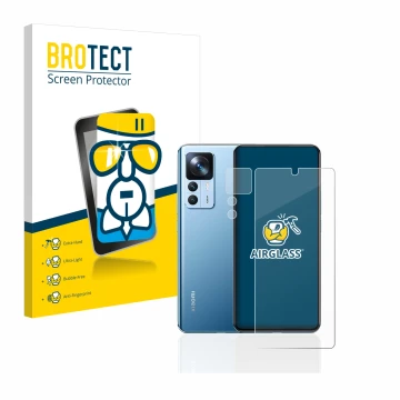 Face avant d’un emballage produit avec le logo de la marque BROTECT. À côté, l’appareil Xiaomi 12T (Avant+Caméra) est représen