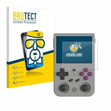 Face avant d’un emballage produit avec le logo de la marque BROTECT. À côté, l’appareil Anbernic RG353V est représenté avec la