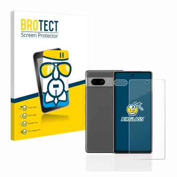 Face avant d’un emballage produit avec le logo de la marque BROTECT. À côté, l’appareil Google Pixel 7a (Avant+Caméra) est rep