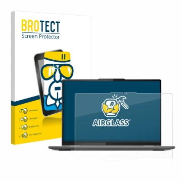 Face avant d’un emballage produit avec le logo de la marque BROTECT. À côté, l’appareil Lenovo Yoga 7i Gen 8 16